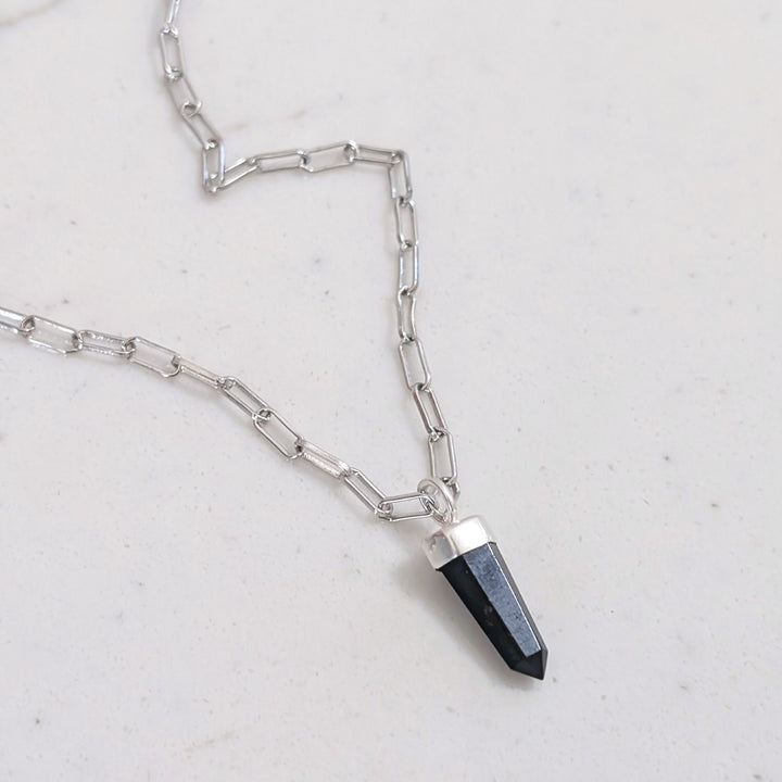 sterling silver black tourmaline spike gemstone necklace on a paperclip chain