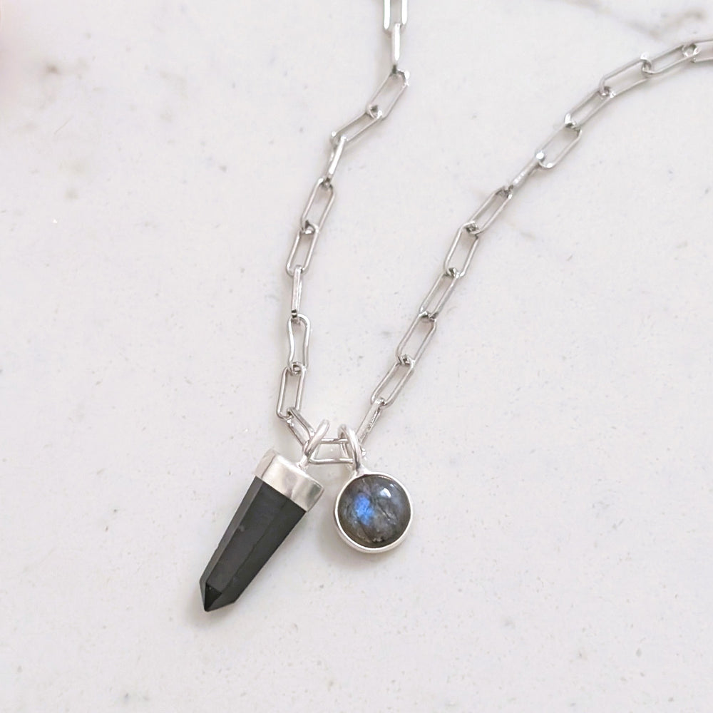 sterling silver black tourmaline spike gemstone necklace with labradorite charm