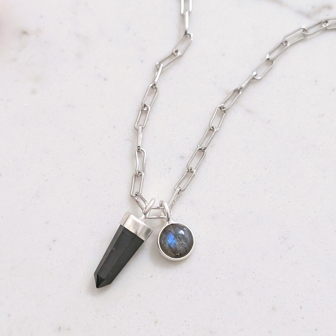 sterling silver black tourmaline spike gemstone necklace with labradorite charm
