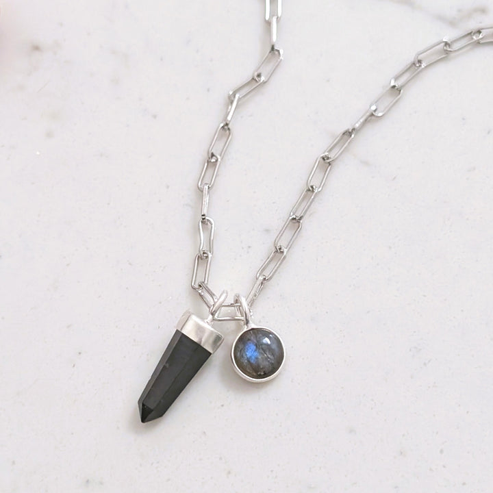 sterling silver black tourmaline spike gemstone necklace with labradorite charm