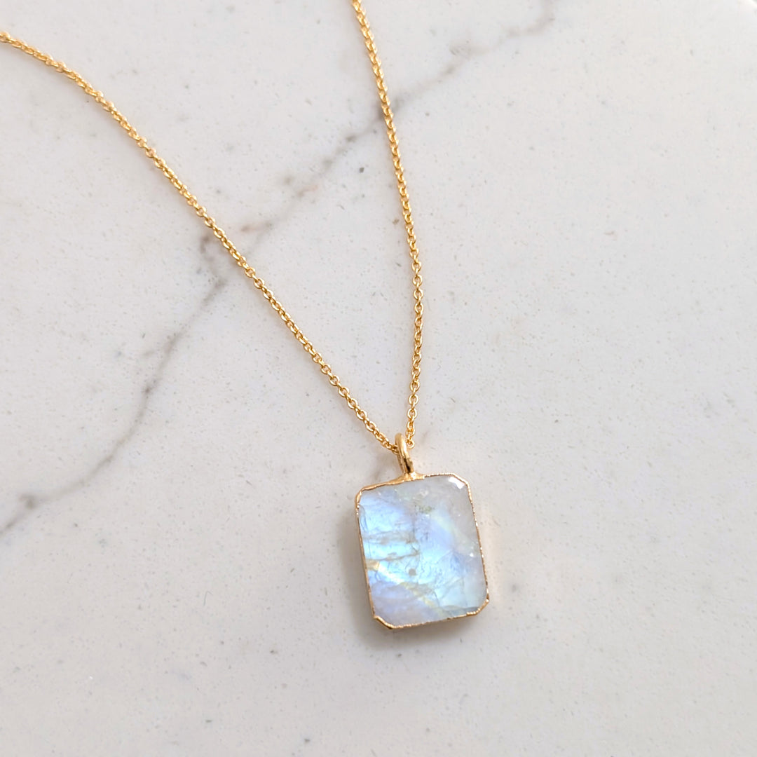 gold plated moonstone rectangular pendant necklace
