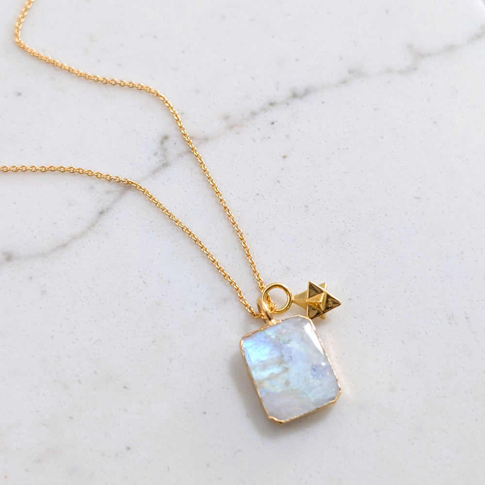 gold plated rectangular moonstone and gold charm pendant necklace 
