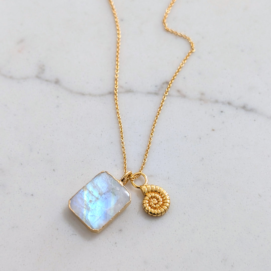 gold plated rectangular moonstone and gold charm pendant necklace 