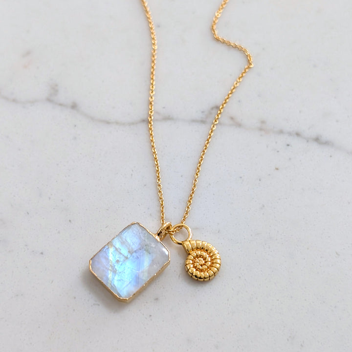 gold plated rectangular moonstone and gold charm pendant necklace 