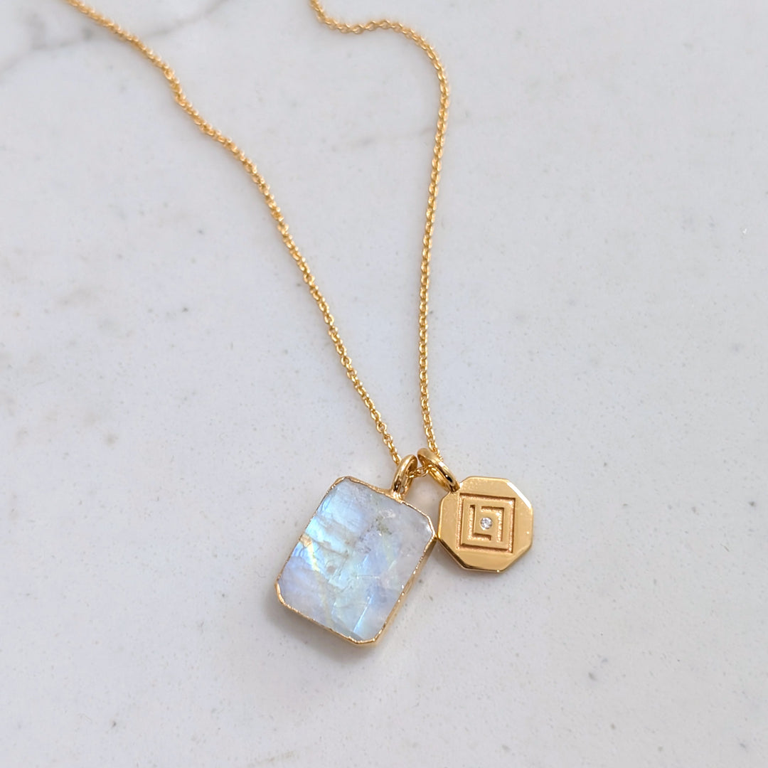 gold plated rectangular moonstone and gold charm pendant necklace 