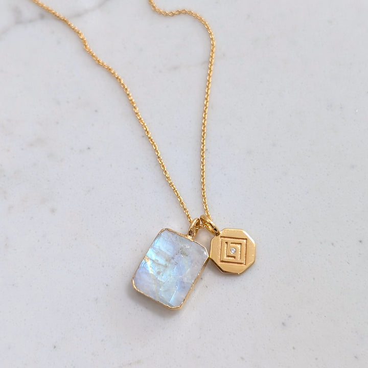 gold plated rectangular moonstone and gold charm pendant necklace 