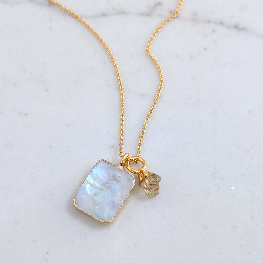 gold plated rectangular moonstone and gold charm pendant necklace 