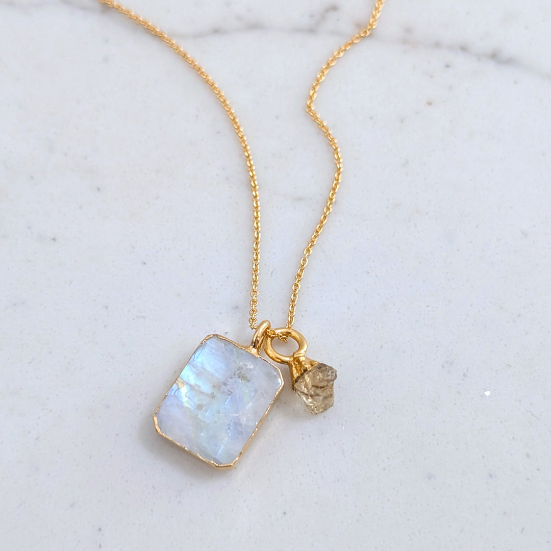 gold plated rectangular moonstone and gold charm pendant necklace 