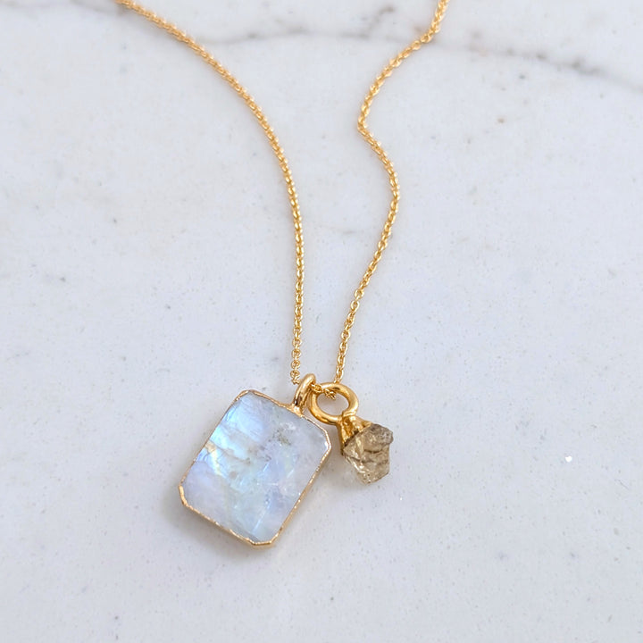 gold plated rectangular moonstone and gold charm pendant necklace 