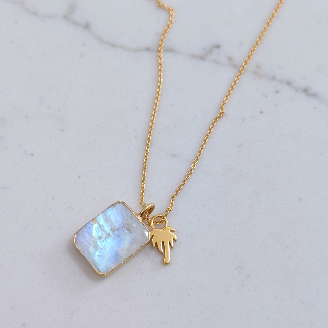 gold plated rectangular moonstone and gold charm pendant necklace 