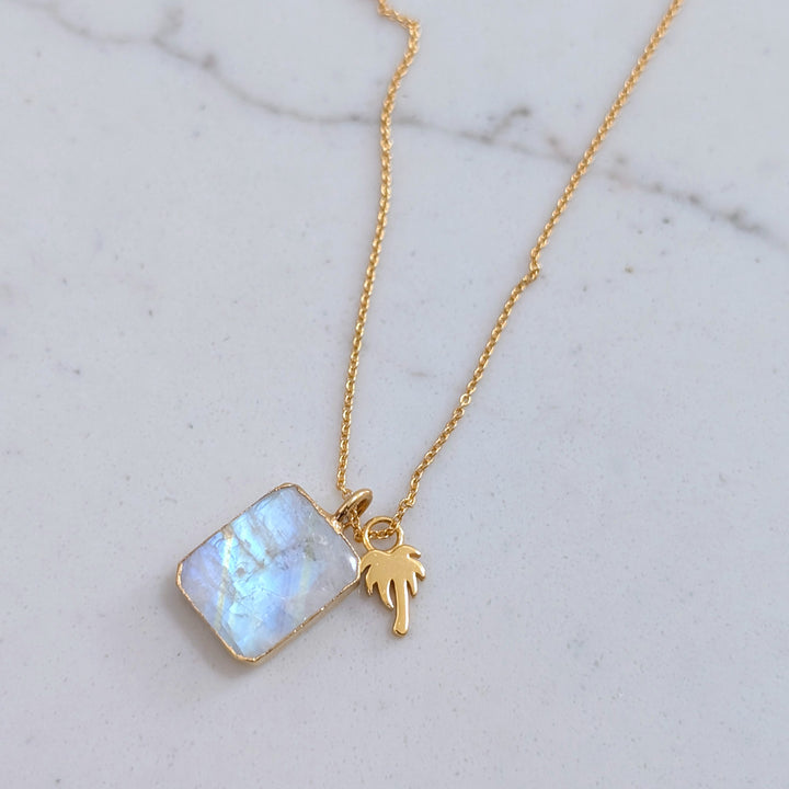 gold plated rectangular moonstone and gold charm pendant necklace 
