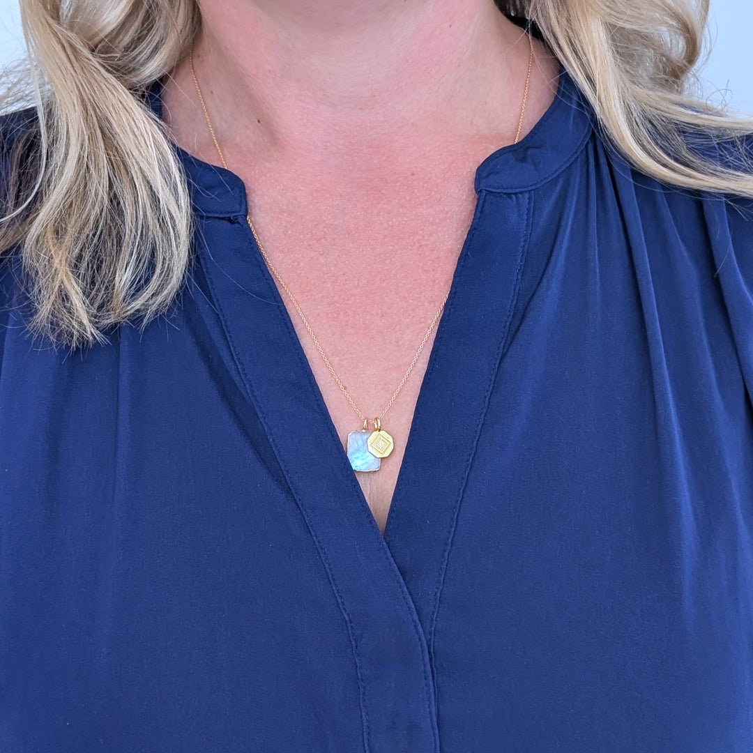 gold plated rectangular moonstone and gold charm pendant necklace 