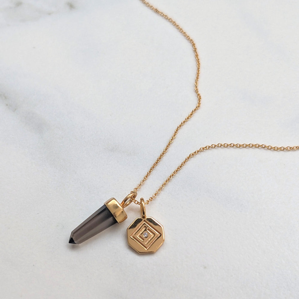 gold and smokey quartz spike gemstone pendant necklace 