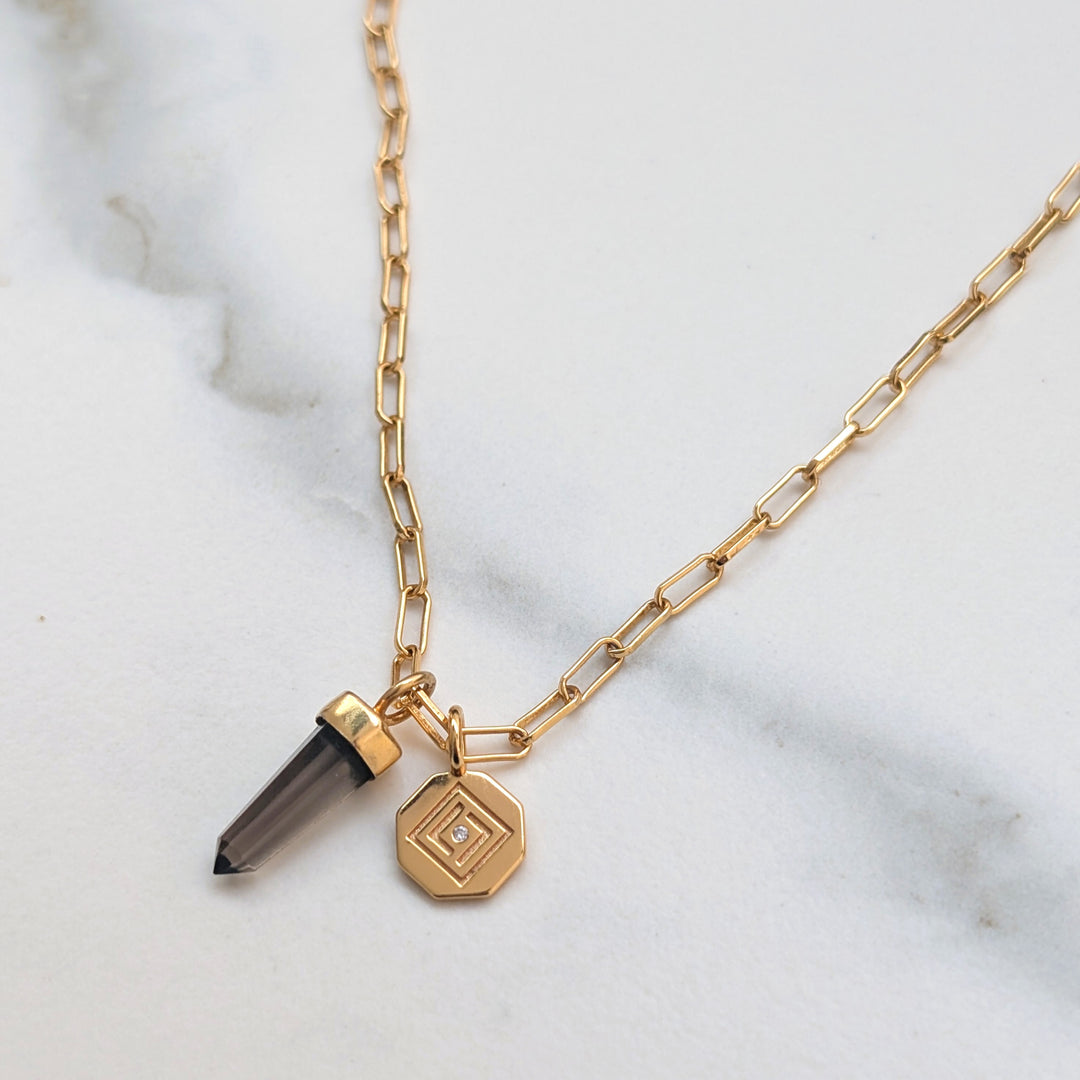 gold and smokey quartz spike gemstone pendant necklace