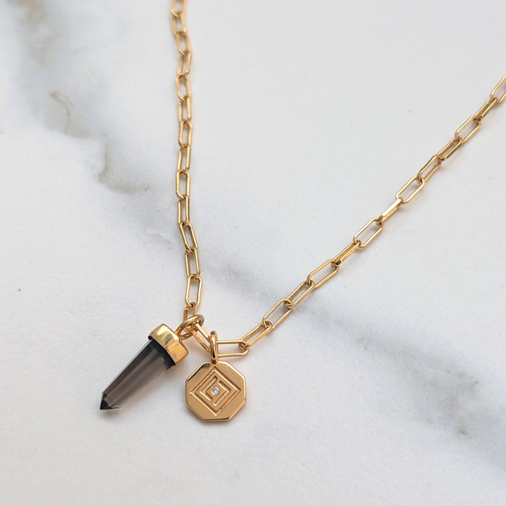 gold and smokey quartz spike gemstone pendant necklace