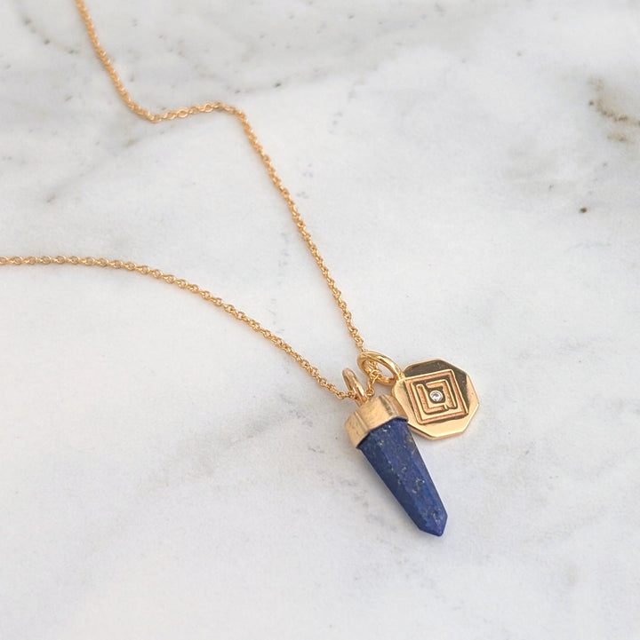 lapis lazuli pendant necklace with gold octagonal disc charm