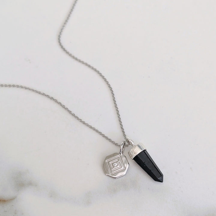 sterling silver black tourmaline spike pendant and charm necklace 