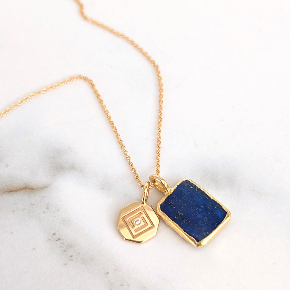 rectangular lapis lazuli and gold plated sterling silver disc pendant necklace