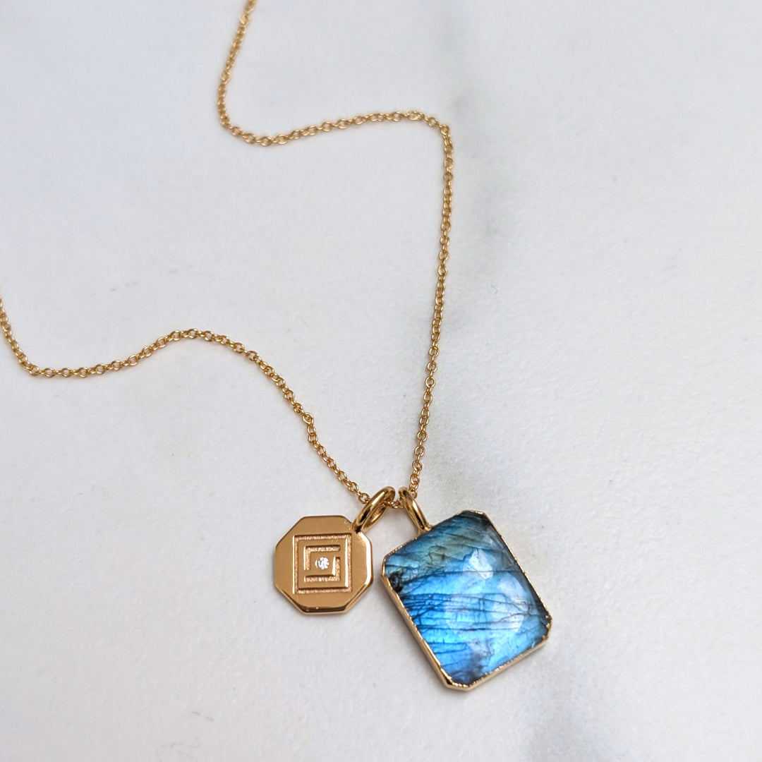 Labradorite rectangular pendant necklace with Lapis London logo disc charm