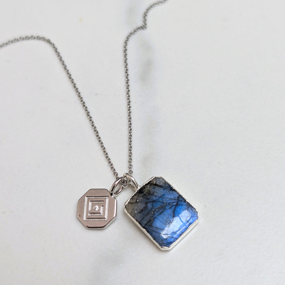 sterling silver labradorite rectangular pendant necklace and disc charm.