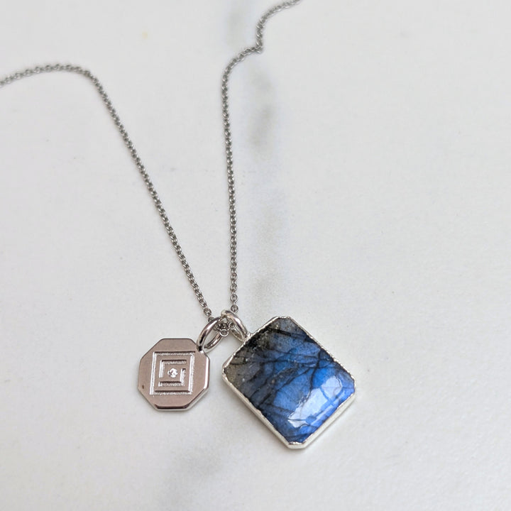 sterling silver labradorite rectangular pendant necklace and disc charm.