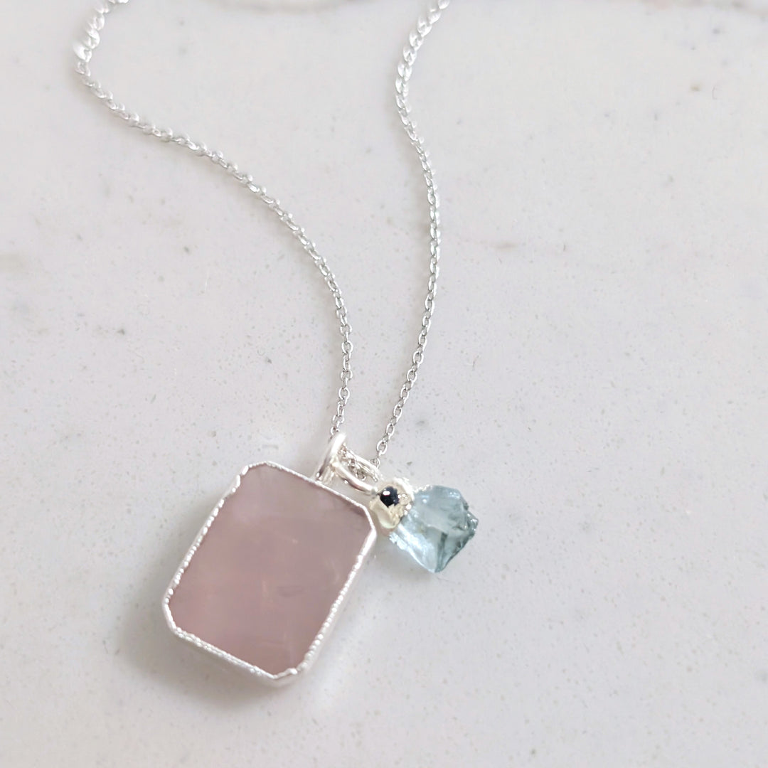 sterling silver rose quartz and aquamarine pendant necklace 