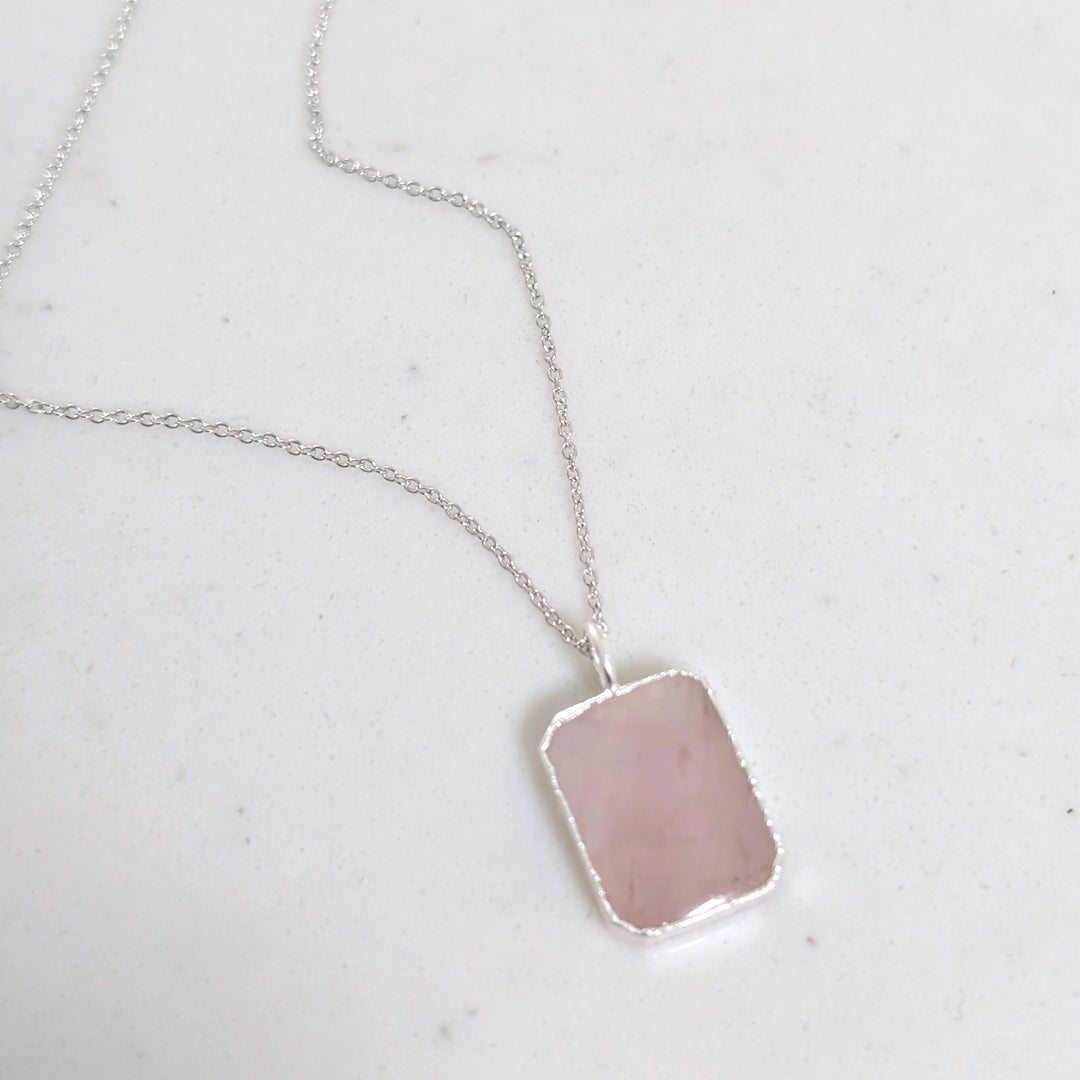 sterling silver rose quartz rectangular pendant necklace