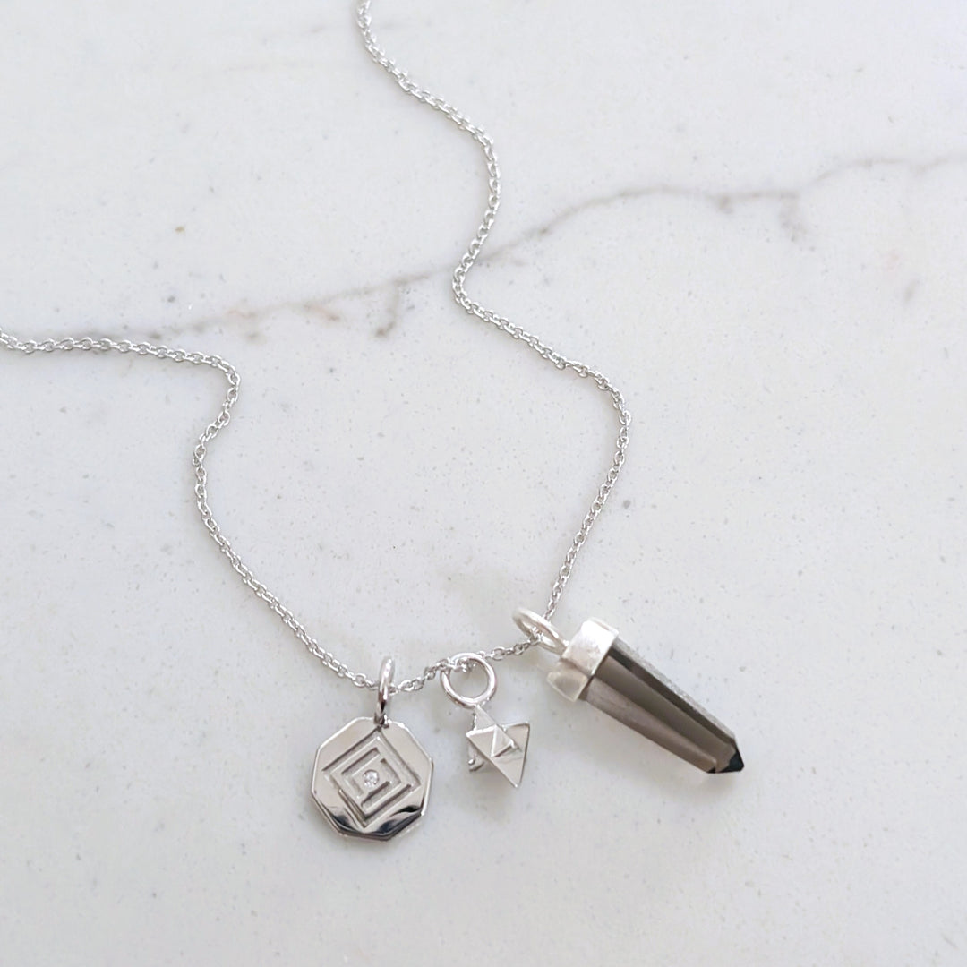 sterling silver smokey quartz, tetrahedron star and disc charm pendant necklace