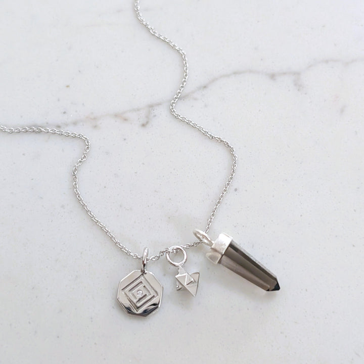 sterling silver smokey quartz, tetrahedron star and disc charm pendant necklace