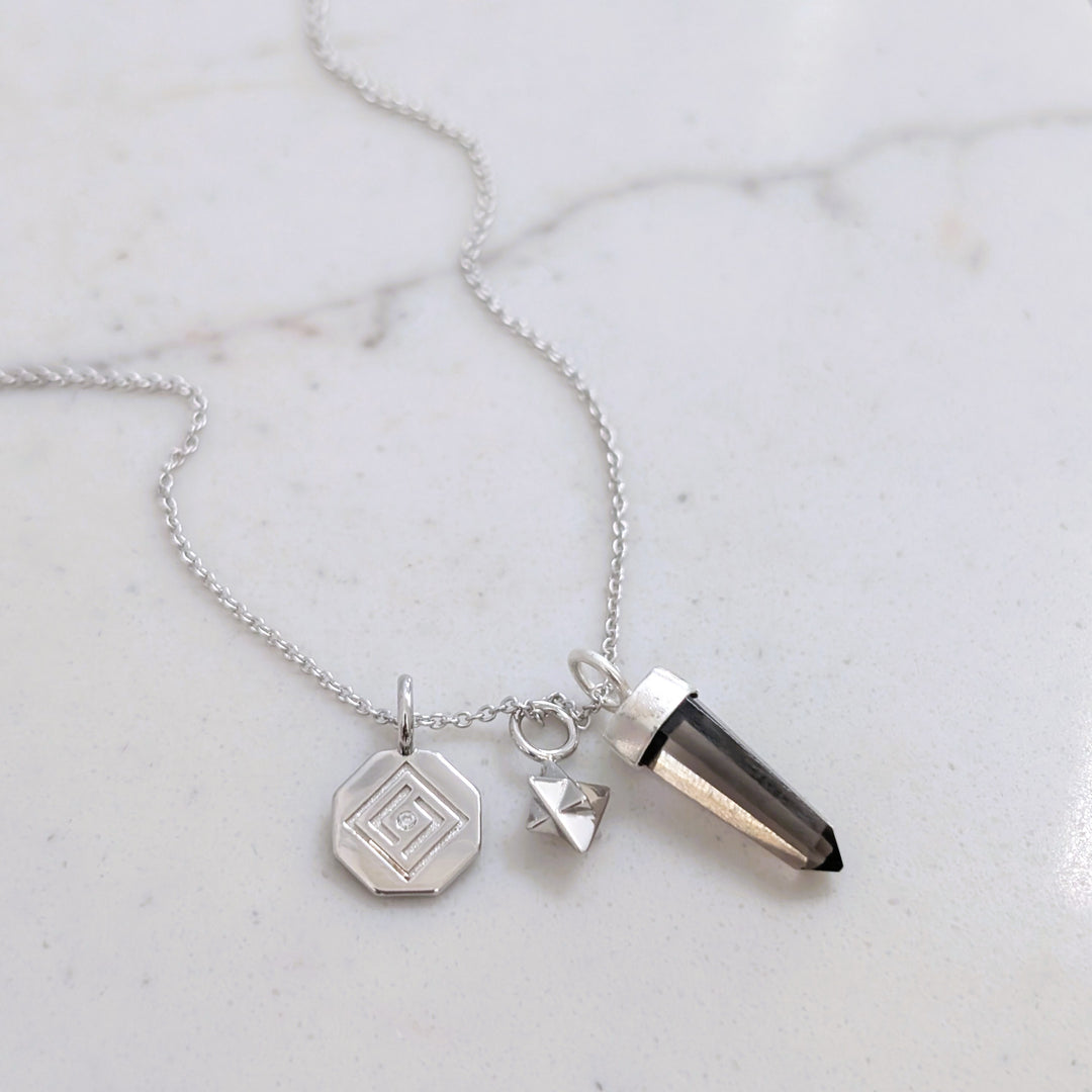 sterling silver smokey quartz, tetrahedron star and disc charm pendant necklace