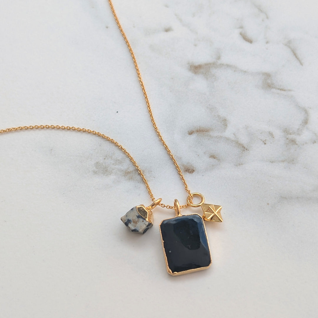 black onyx, dalmatian jasper and tetrahedron star pendant charm necklace