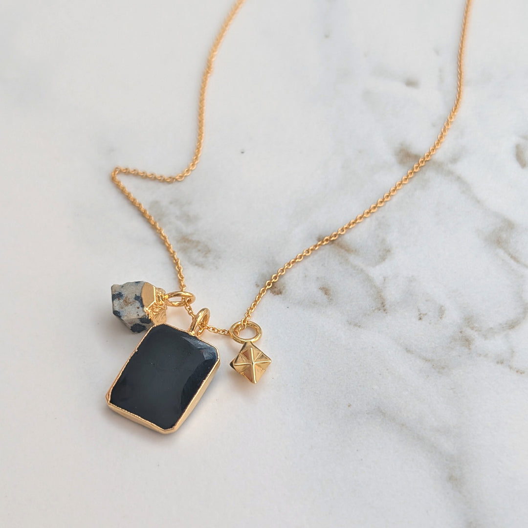 black onyx, dalmatian jasper and tetrahedron star pendant charm necklace