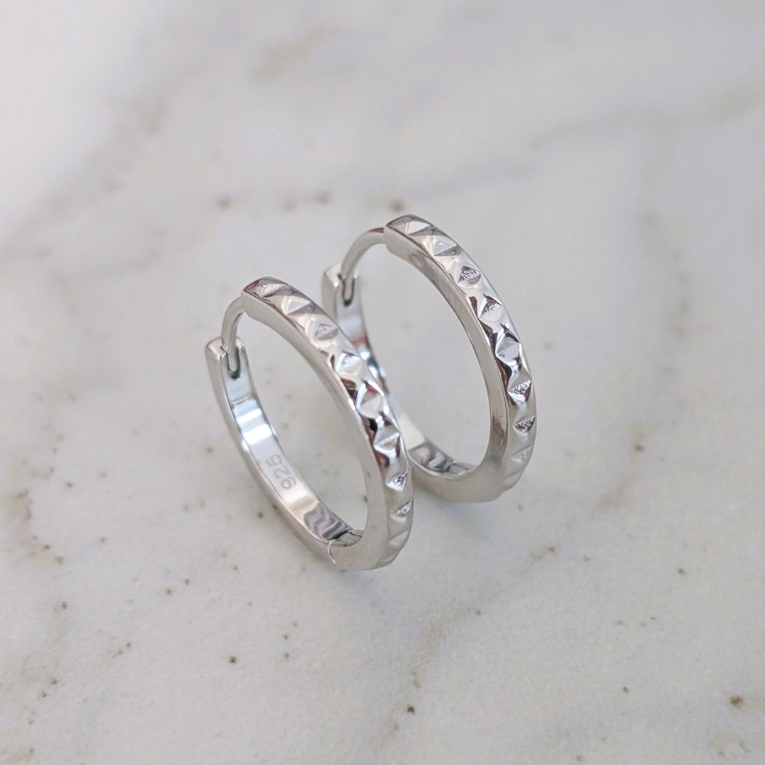 sterling silver pyramid textured hoop earrings