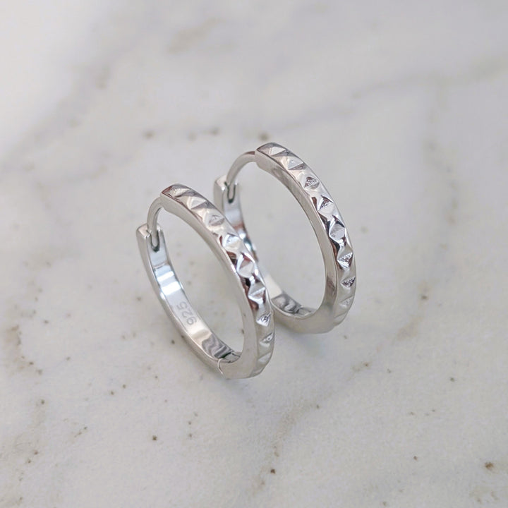 sterling silver pyramid textured hoop earrings