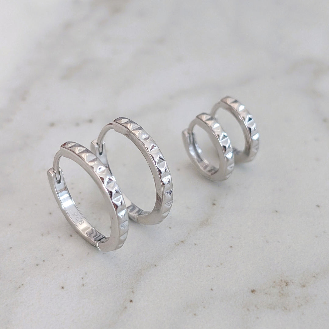 sterling silver pyramid textured hoop earrings