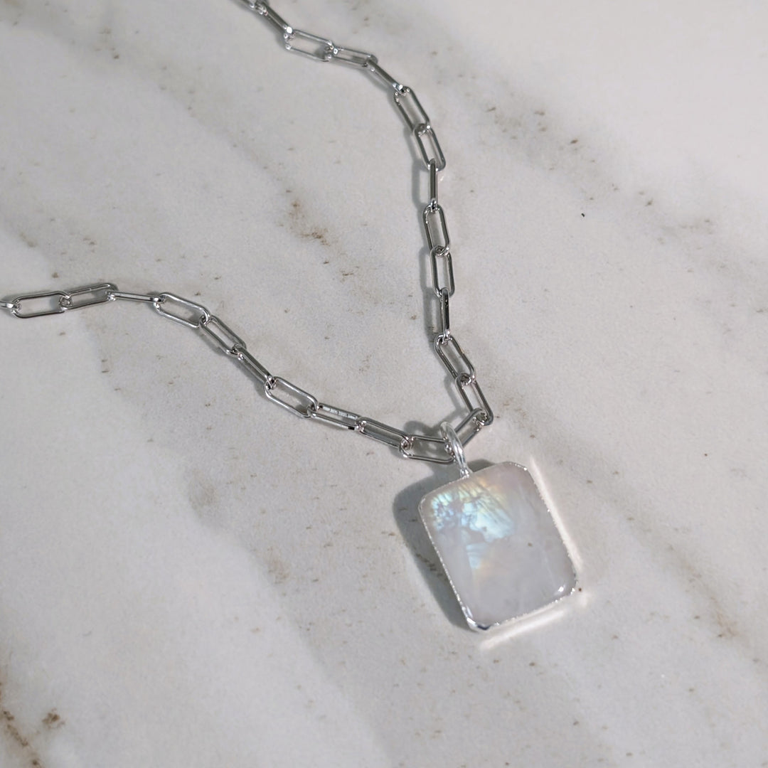 sterling silver moonstone rectangular pendant necklace