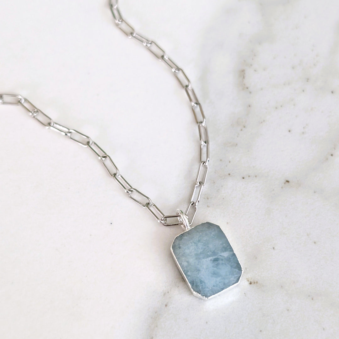 sterling silver aquamarine rectangular pendant neckace