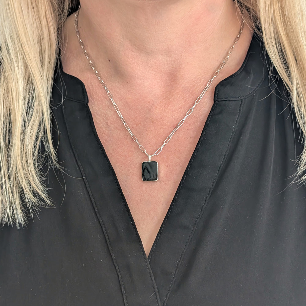 sterling silver black tourmaline rectangular pendant necklace