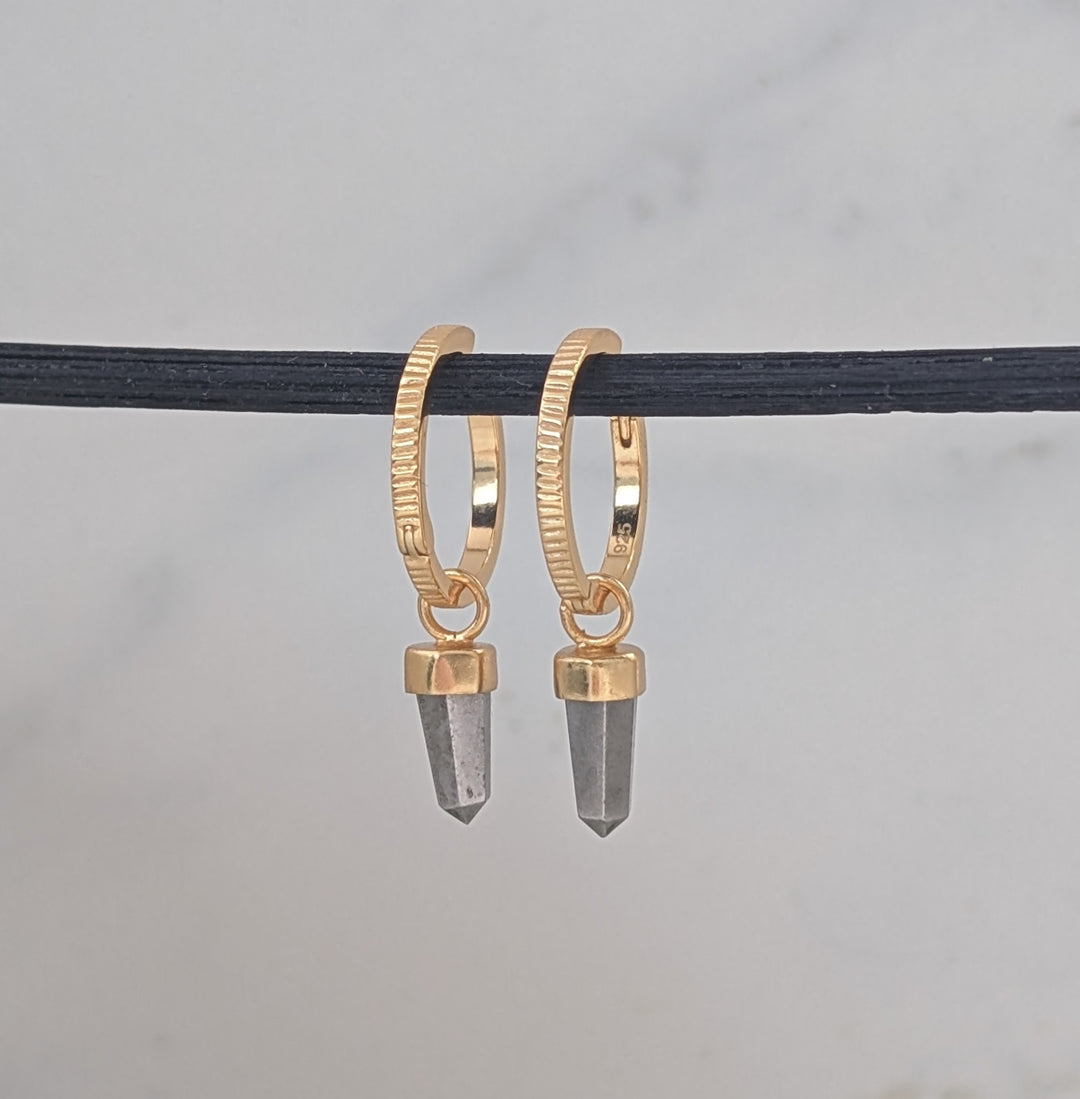 Gold hoop earrings with grey pyrite spike gemstone charms