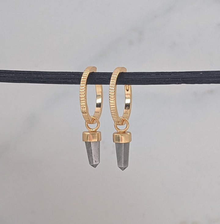 Gold hoop earrings with grey pyrite spike gemstone charms