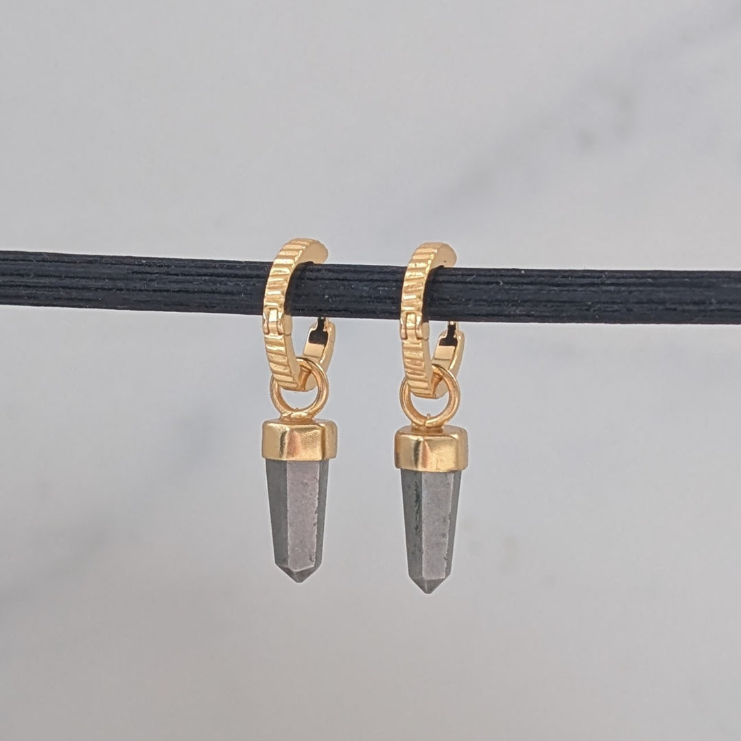 Gold hoop earrings with grey pyrite spike gemstone charms