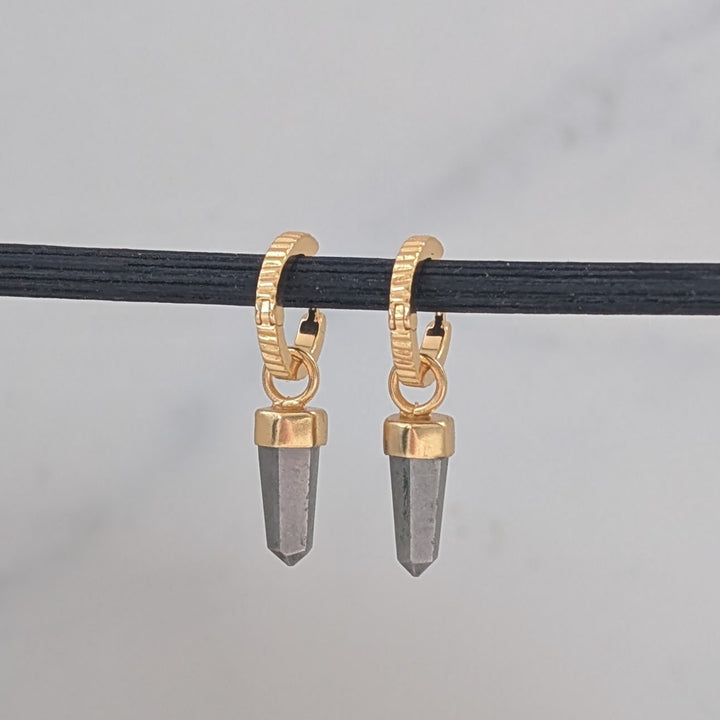 Gold hoop earrings with grey pyrite spike gemstone charms
