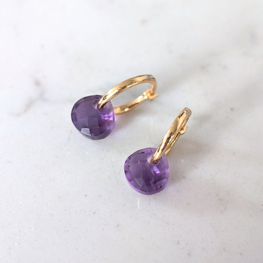 Gold earrings with purple amethyst February birthstone gemstone charms