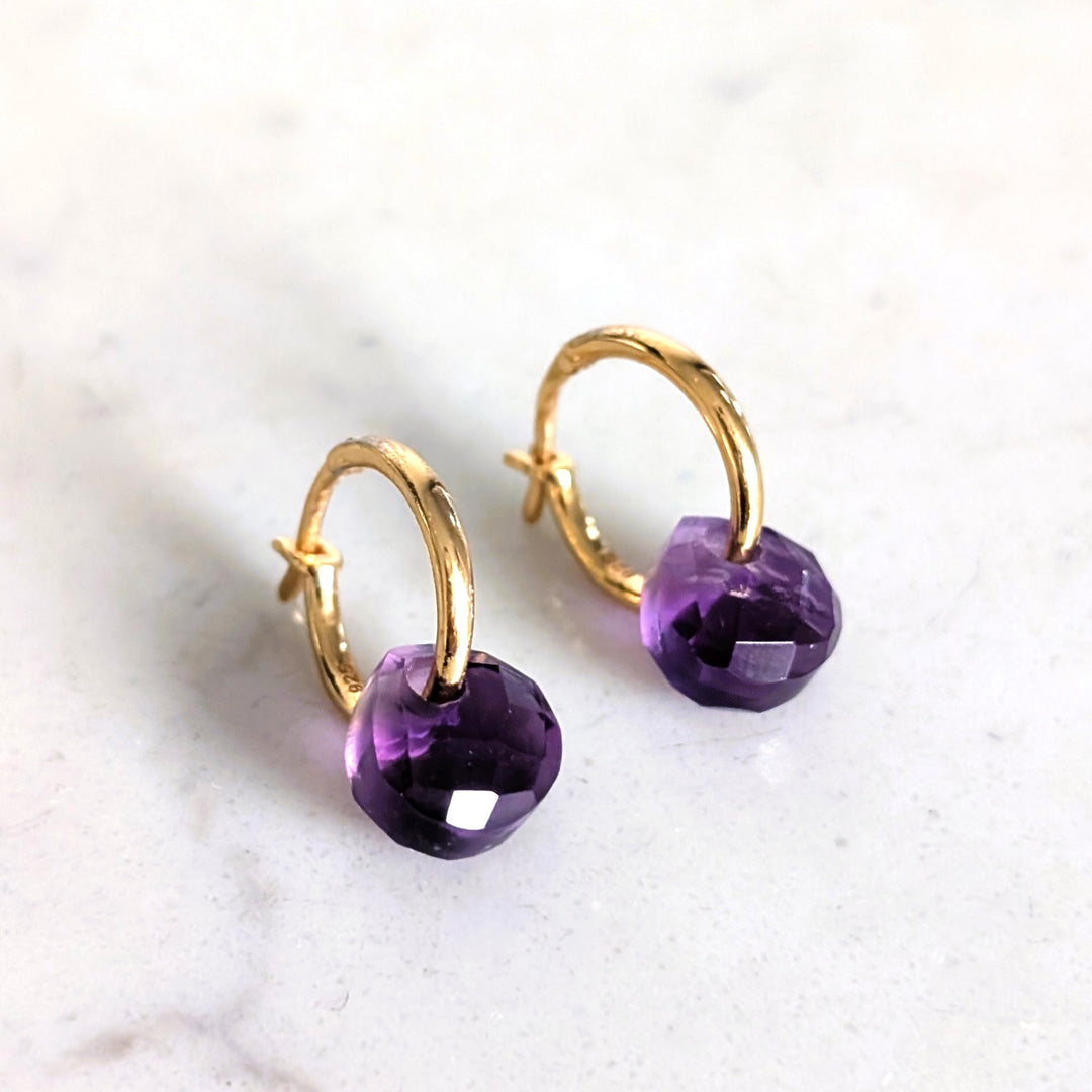 Gold earrings with purple amethyst February birthstone gemstone charms