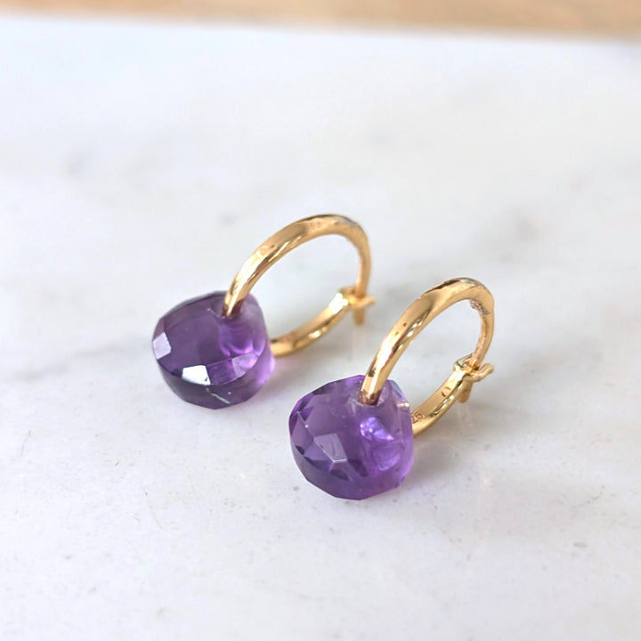 Gold earrings with purple amethyst February birthstone gemstone charms