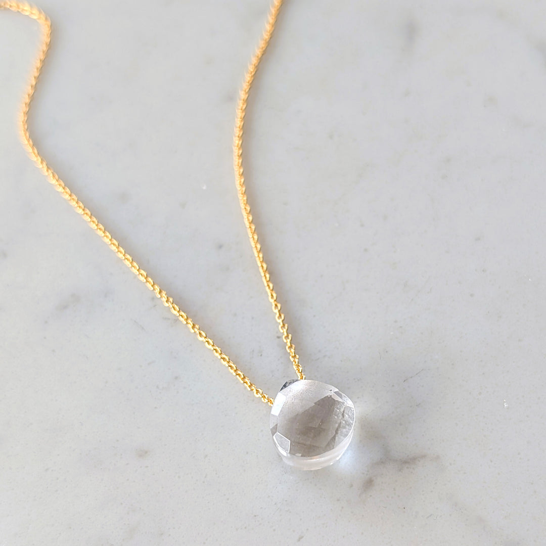 Gold necklace with clear quartz faceted gemstone pendant charm