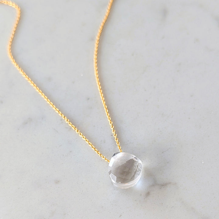 Gold necklace with clear quartz faceted gemstone pendant charm