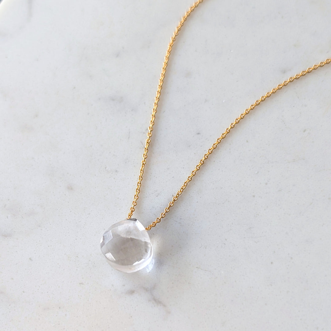 Gold necklace with clear quartz faceted gemstone pendant charm