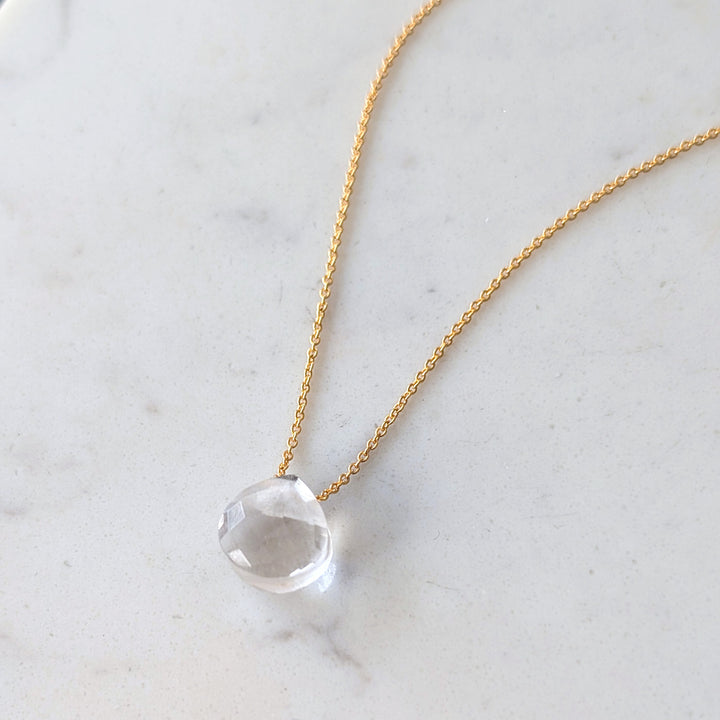 Gold necklace with clear quartz faceted gemstone pendant charm
