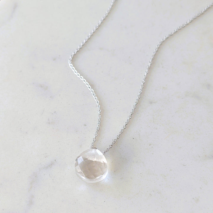 sterling silver clear quartz April birthstone teardrop pendant necklace